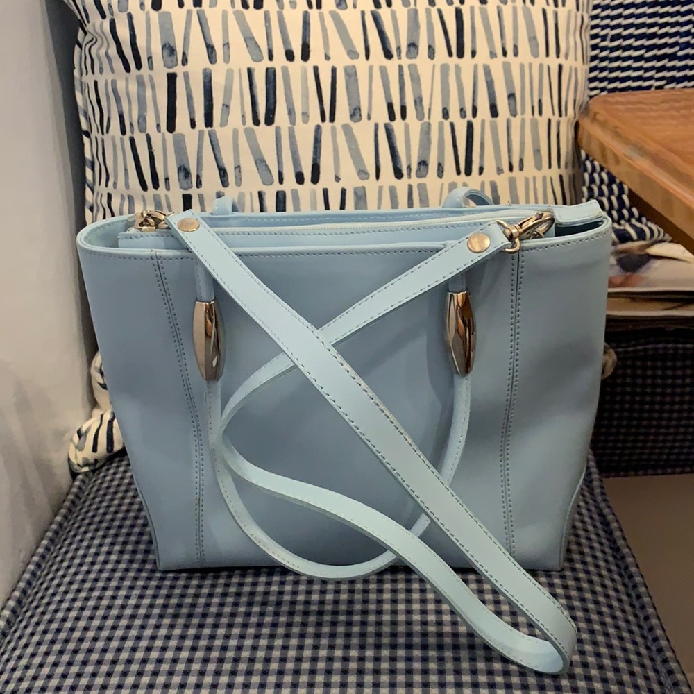 baby blue silver accents. 8” T 11” W 3” D